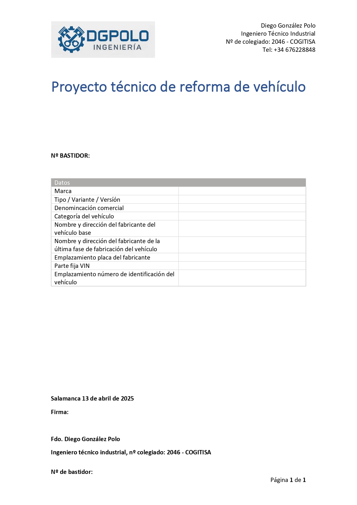 Proyecto técnico de reforma de vehículo Online — DGPolo Ingeniería